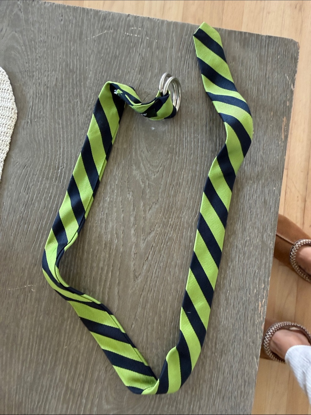 Jcrew vintage Striped Green and Navy silk tie belt with d ring small